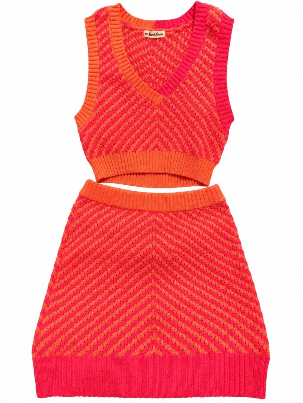 For Love & Lemons Coral and Pink Striped Crewneck Sweater Vest Skirt SET